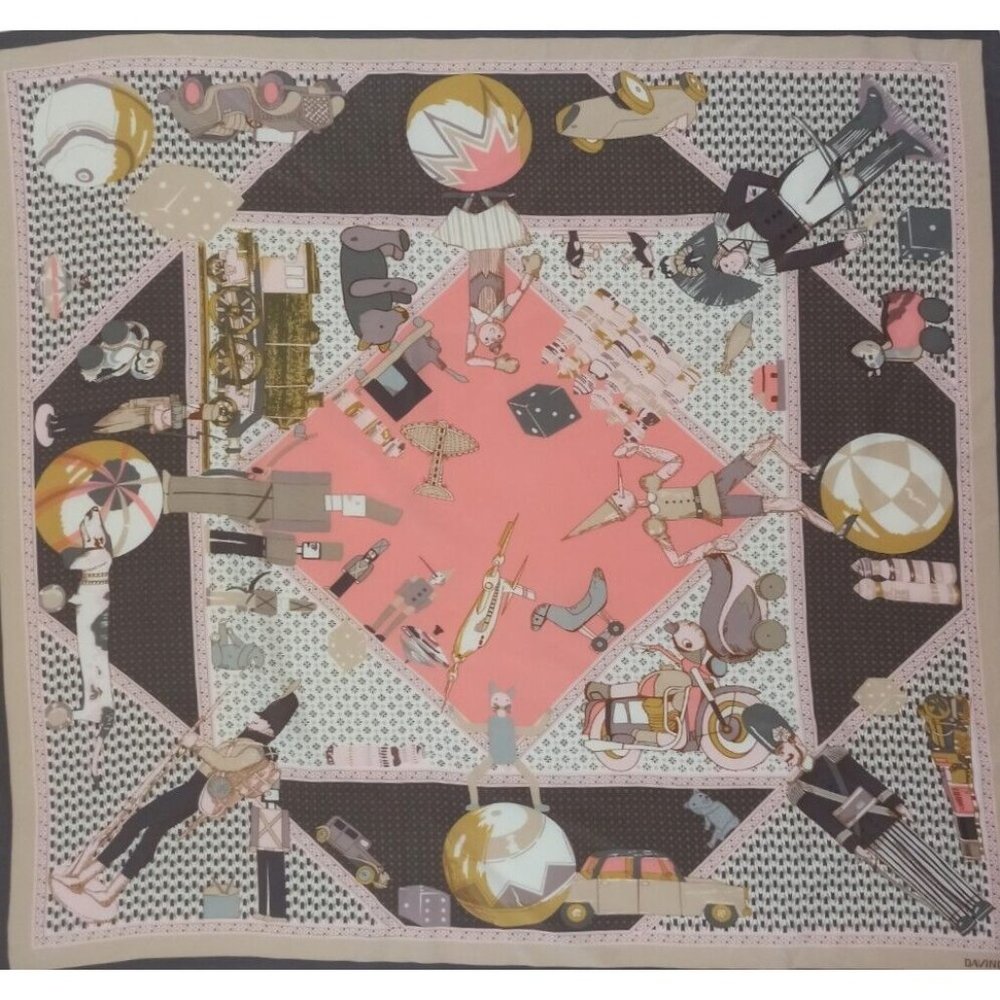 DAVINCI Black & Pink With Art Print Silk Scarf 35"/ 32” EX COND - Picture 2 of 12